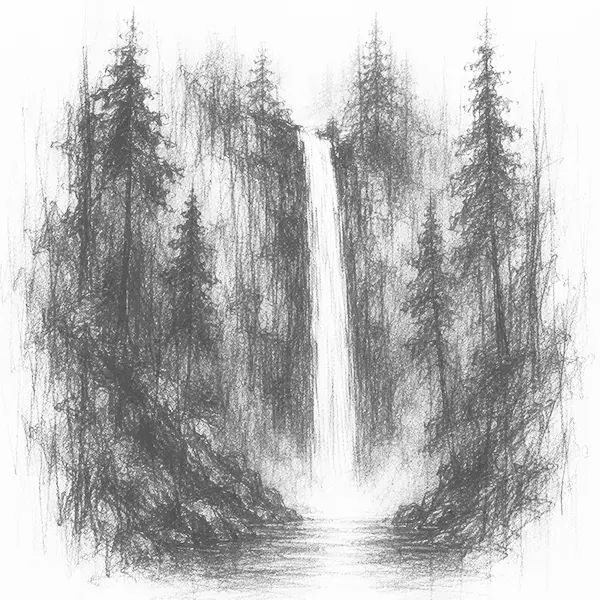 Charcoal sketch of a tall Himalayan waterfall falling down a green cliff