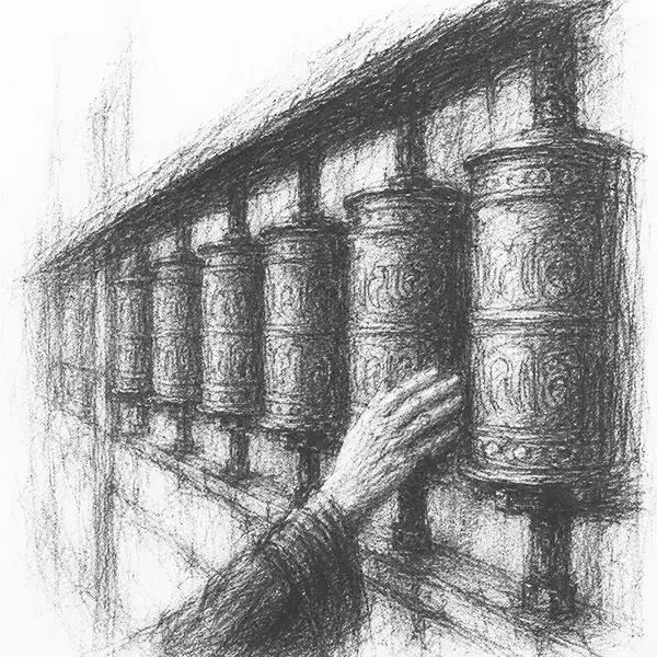 Charcoal sketch of a row of carved cylindrical prayer wheels in Sikkim