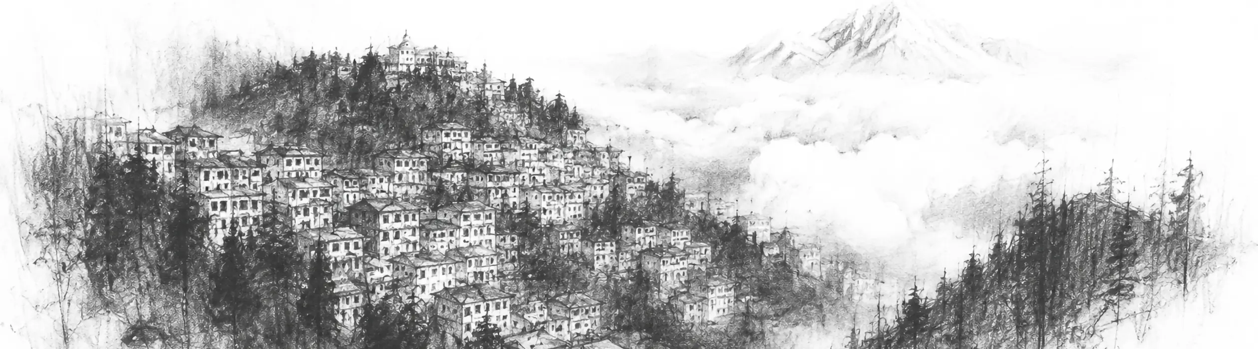 Charcoal sketch of a hill-capital of stacked houses spilling down a steep green ridge into cloud-filled valleys, a faint snow peak beyond - never been abroad