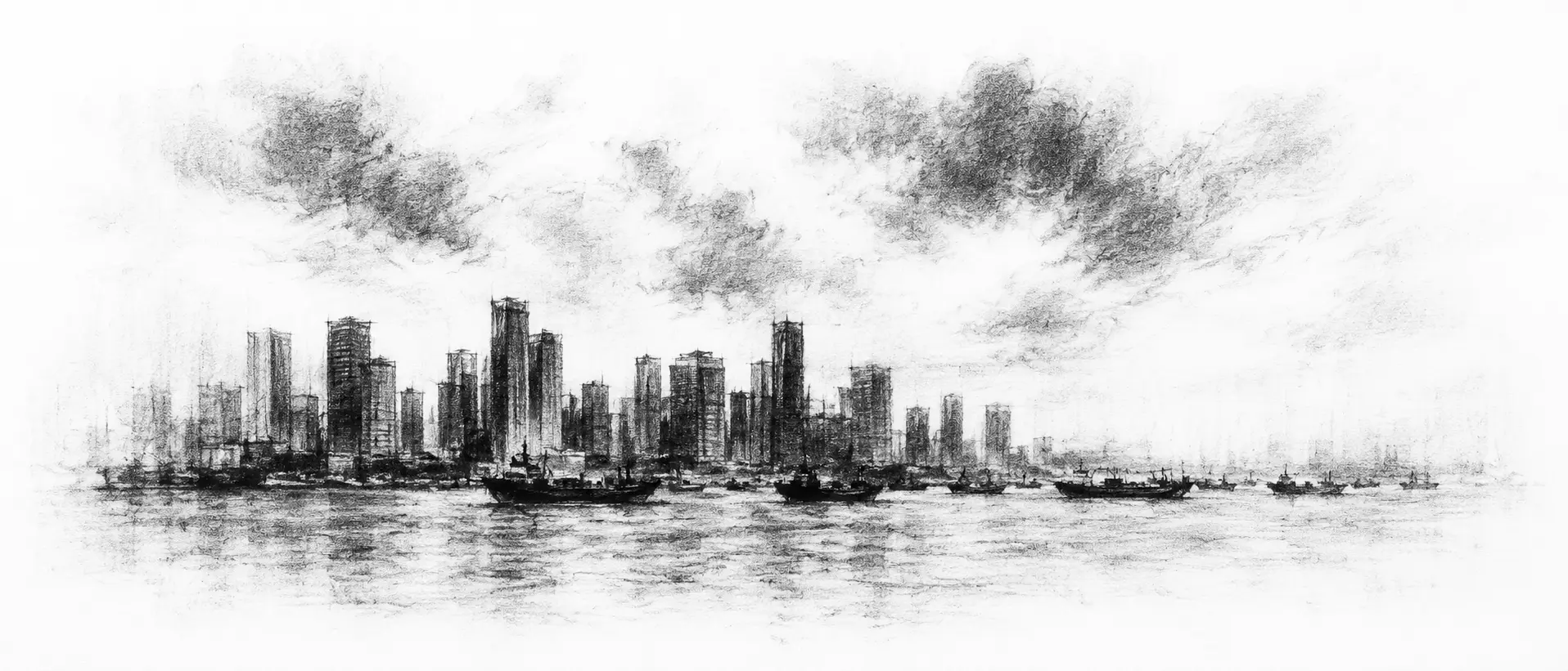 Charcoal sketch of a wide Singapore bayfront skyline of varied glass towers along the water, ships massed on the strait under a heavy tropical sky - never been abroad