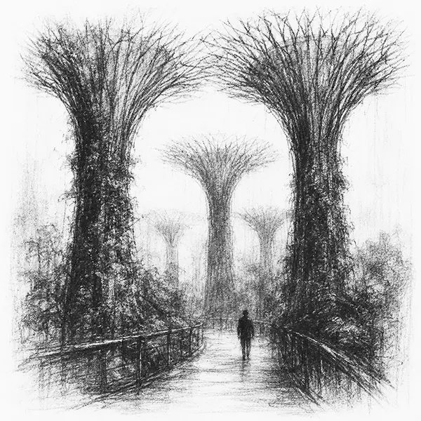 Charcoal sketch of tall lit vertical tree-gardens of Singapore