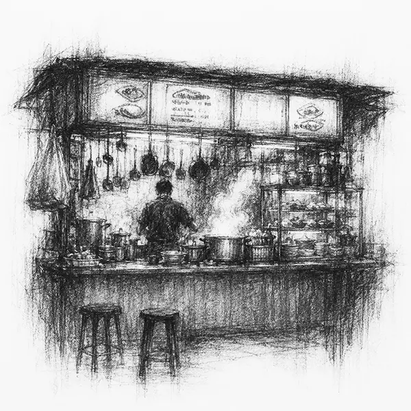 Charcoal sketch of a steaming hawker-stall counter