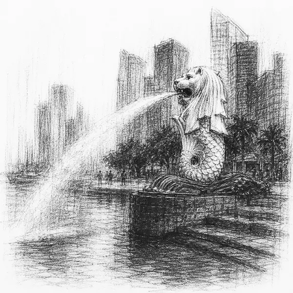 Charcoal sketch of the lion-headed fish fountain of Singapore