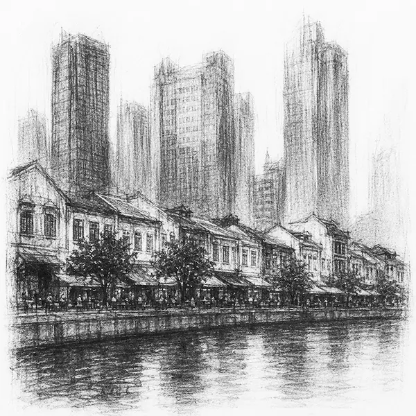 Charcoal sketch of a colonial quay of low shophouses under glass towers