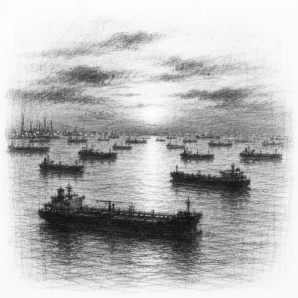 Charcoal sketch of ships massed on the strait at dusk