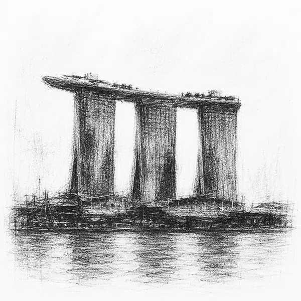 Charcoal sketch of the three towers of Singapore with a boat-shaped roof across their tops 