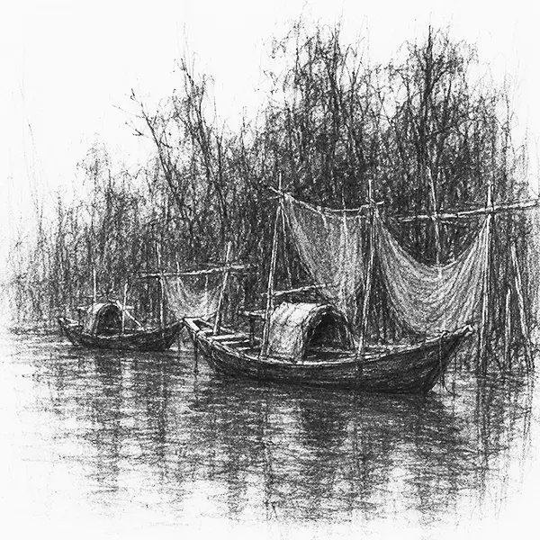 Charcoal sketch of wooden fishing boats with hanging nets