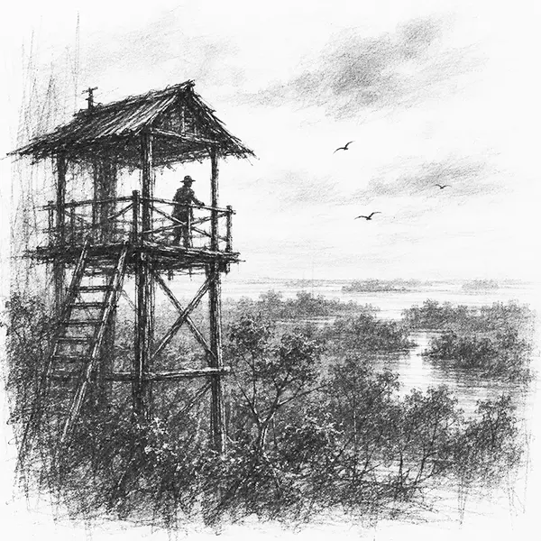 Charcoal sketch of a wooden watchtower rising over the mangrove forest in sundarbans