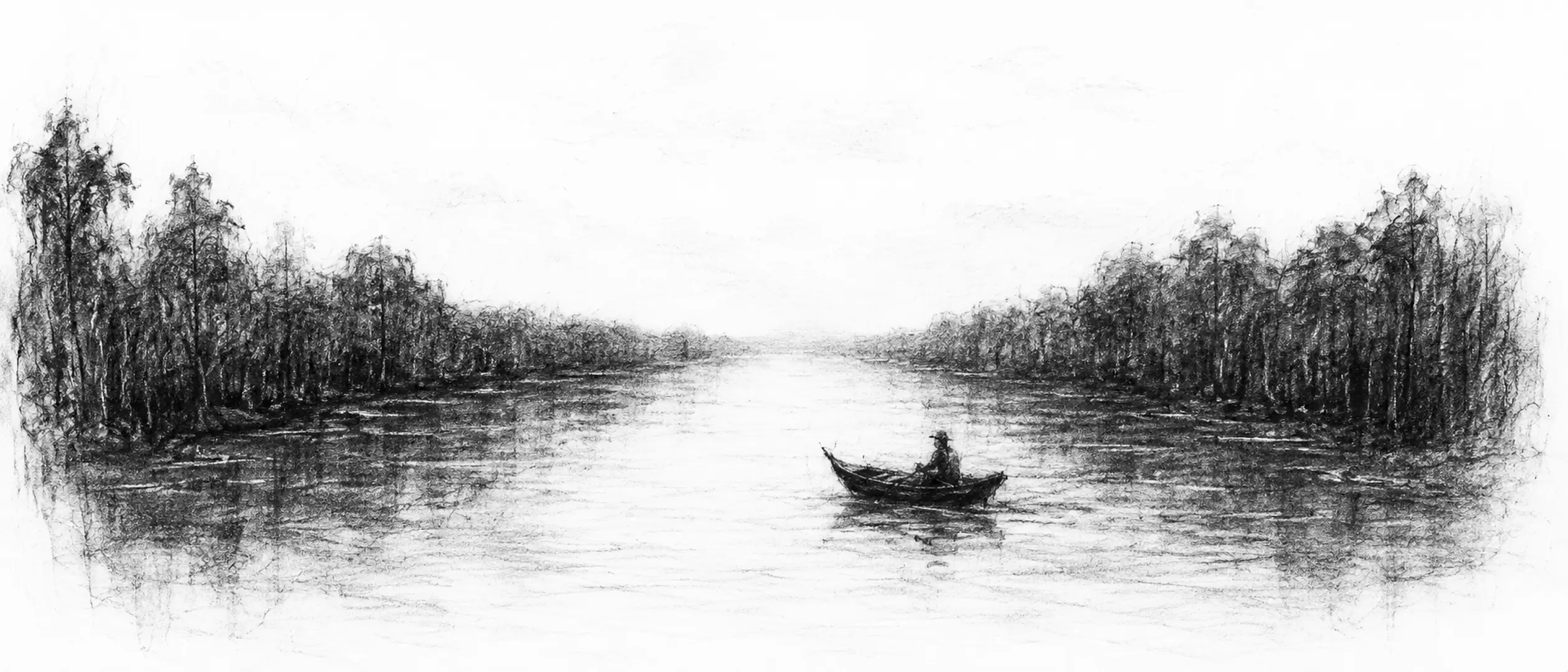 Charcoal sketch of a wide brown tidal river between low mangrove-forest banks under a big hazy sky, a small boat on the water - never been abroad