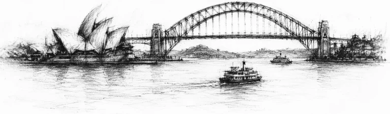 Charcoal sketch of the sail-roofed opera house and the great arched harbour bridge across a wide harbour, ferries low on the water, headlands beyond - never been abroad
