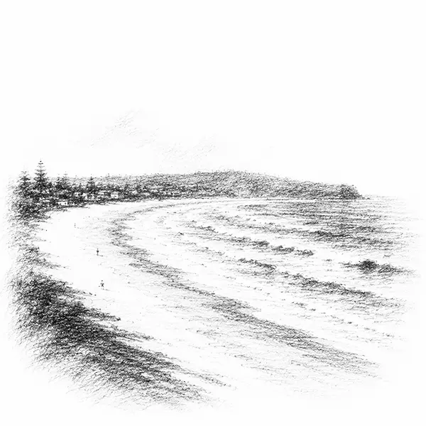Charcoal sketch of a long crescent of surf beach with breaking waves