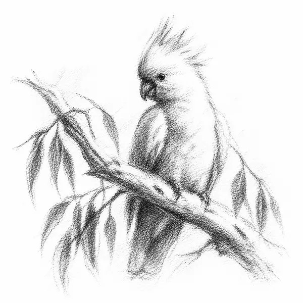 Charcoal sketch of a eucalyptus branch with an unfamiliar bird perched on it