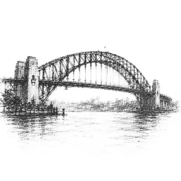Charcoal sketch of the great steel arched harbour bridge in Sydney