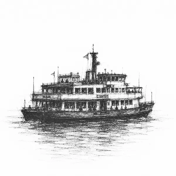 Charcoal sketch of the Sydney harbour ferry low on the water