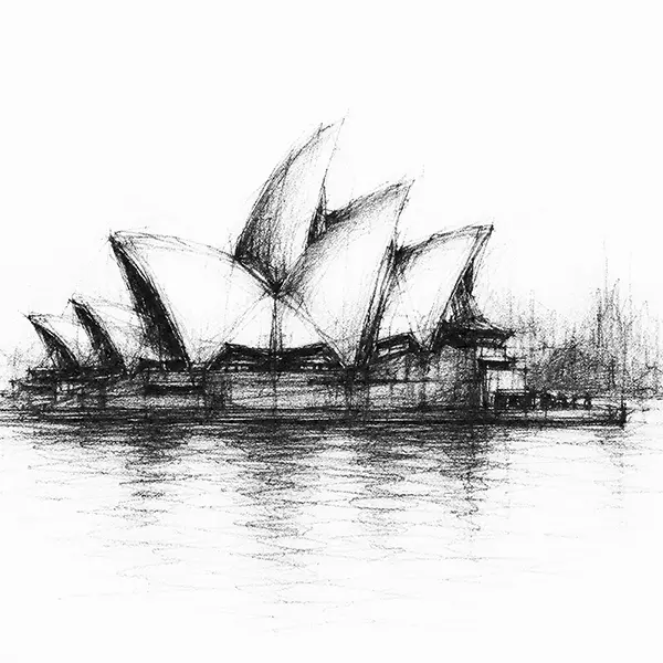 Charcoal sketch of the sail-shaped opera house roof seen from across the water in Sydney