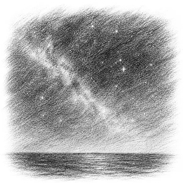 Charcoal sketch of unfamiliar southern constellations over a dark sea