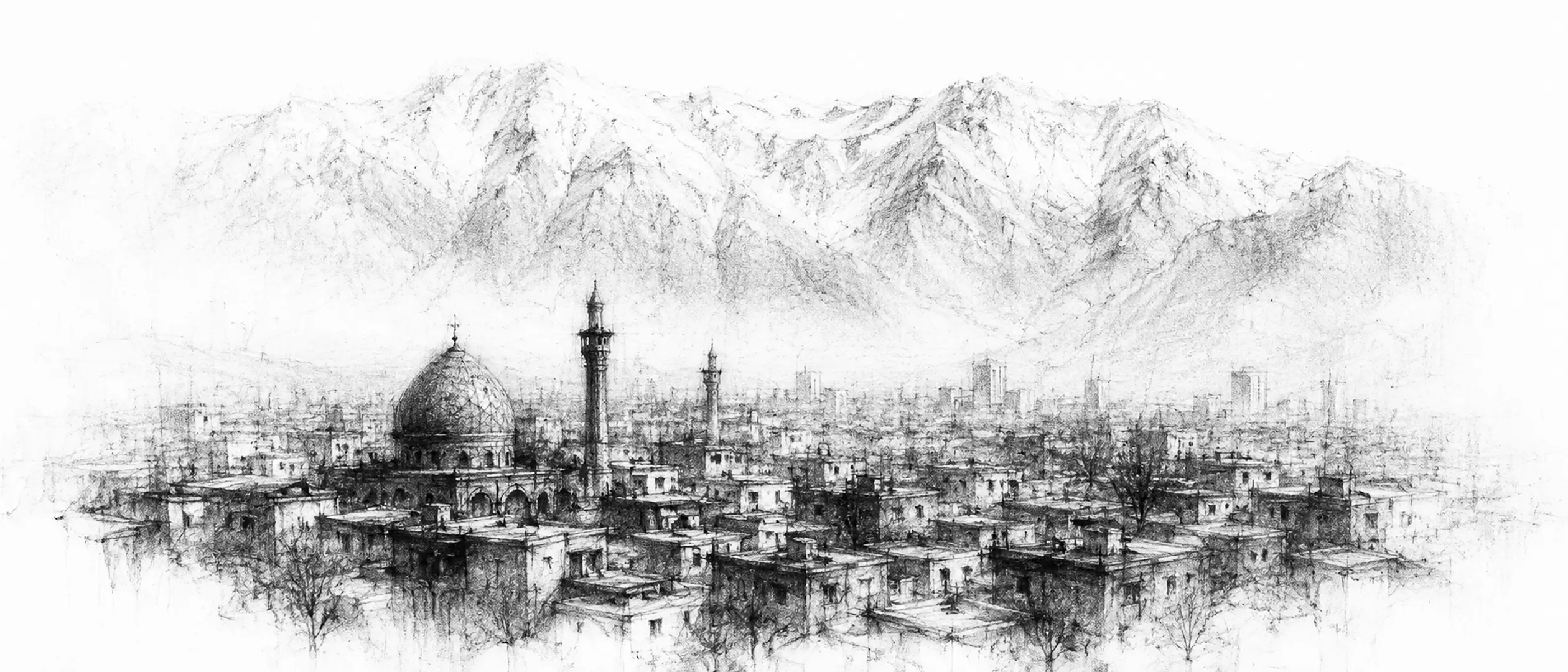 Charcoal sketch of a dry city spreading to the foot of high snow mountains, a blue dome and minarets among the rooftops - never been abroad