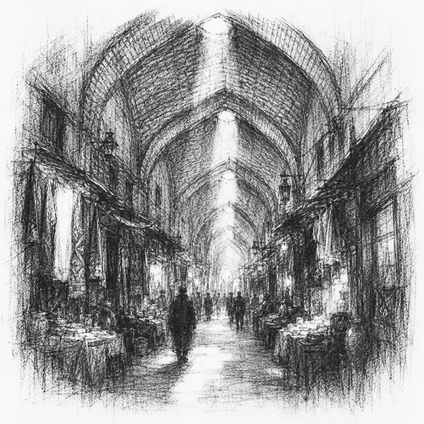 Charcoal sketch of a covered bazaar lane with arches overhead in Tehran
