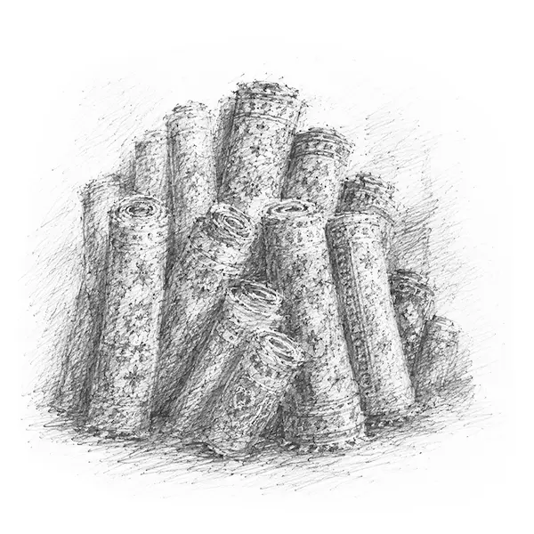 Charcoal sketch of a pile of rolled-up carpets leaning together in a bazaar