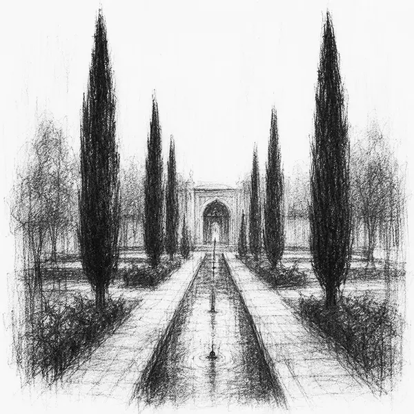 Charcoal sketch of a walled garden with a water channel and cypresses. The kind of gardens you find in Tehran
