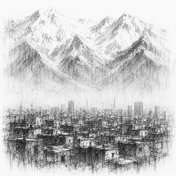 Charcoal sketch of snow mountains rising over Tehran city