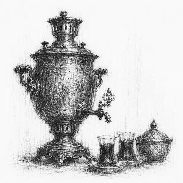 Charcoal sketch of an ornate brass samovar with small tea glasses beside it