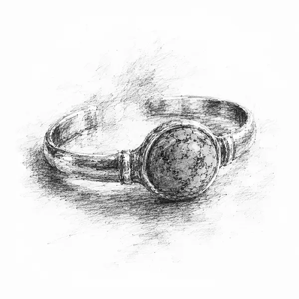 Charcoal sketch of a turquoise stone set in a simple silver bracelet