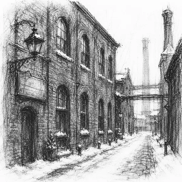 Charcoal sketch of a red-brick Victorian lane of old industrial buildings under snow