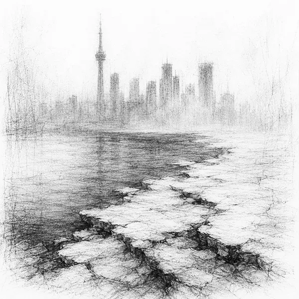 Charcoal sketch of a frozen lake shore with ice at the rim and Toronto - the city behind