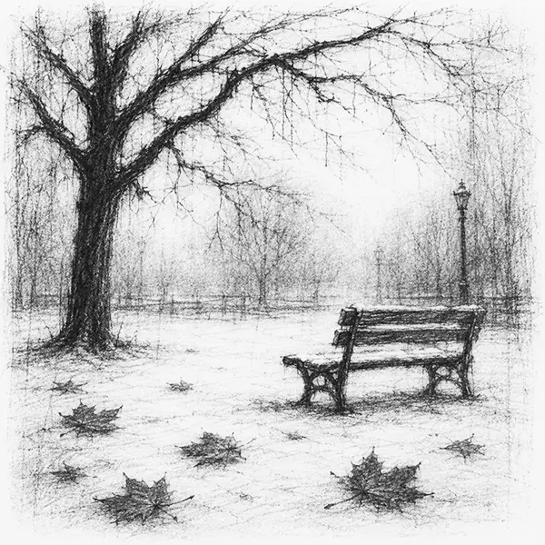 Charcoal sketch of bare maple branches and fallen leaves over a snowy park bench