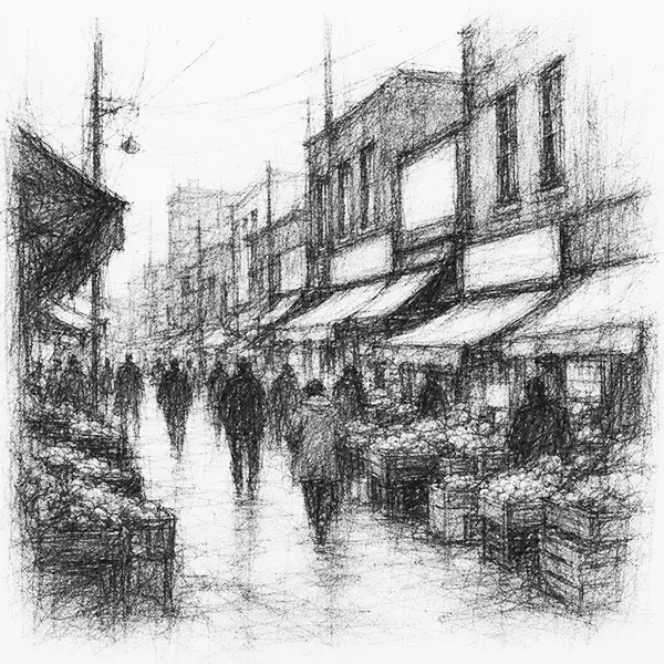 Charcoal sketch of a crowded multicultural market street of small shopfronts