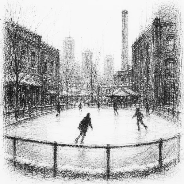Charcoal sketch of an outdoor ice rink with skaters between buildings in Toronto