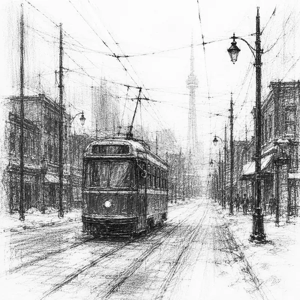 Charcoal sketch of a streetcar running down a wide straight city street in Toronto