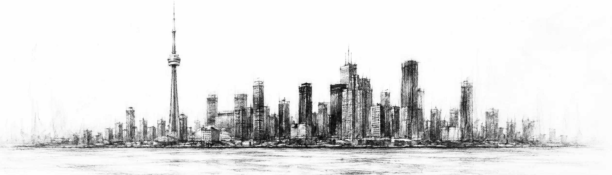 Charcoal sketch of a glass skyline along the shore of a vast flat frozen lake, a tall needle among the towers, cold clear light - never been abroad