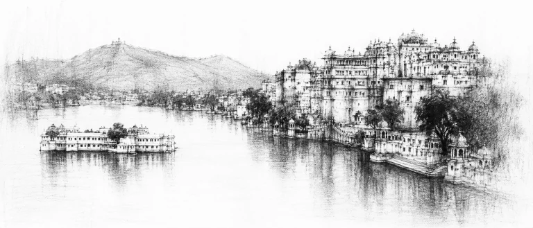 Charcoal sketch of a still lake with a white palace floating on it, the long city-palace and ghats along the shore, dry hills behind - never been abroad