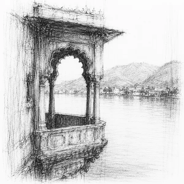 Charcoal sketch of an arched balcony leaning over the water in Udaipur