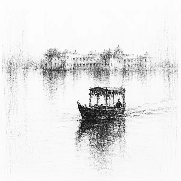 Charcoal sketch of a small boat out on the lake