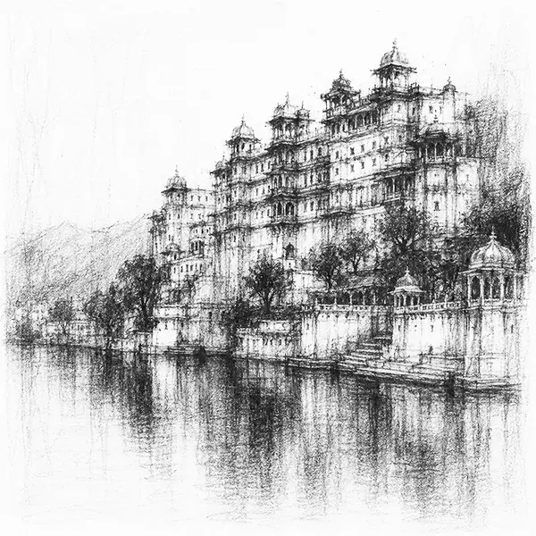 Charcoal sketch of the long tiered Udaipur city-palace along the shore