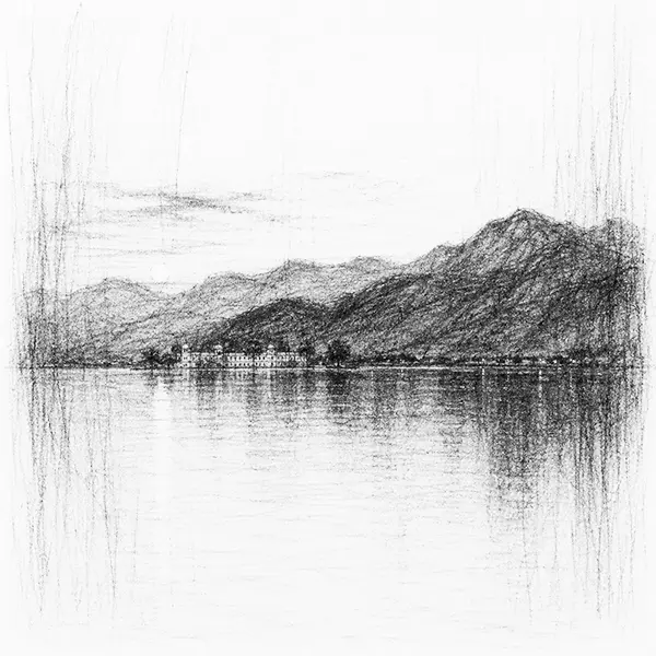 Charcoal sketch of dry hills ringing the still lake