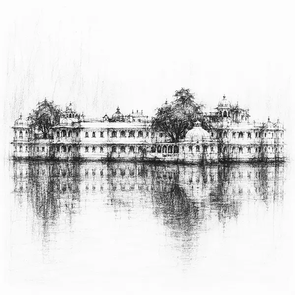 Charcoal sketch of a white palace seeming to float on a still lake in Udaipur