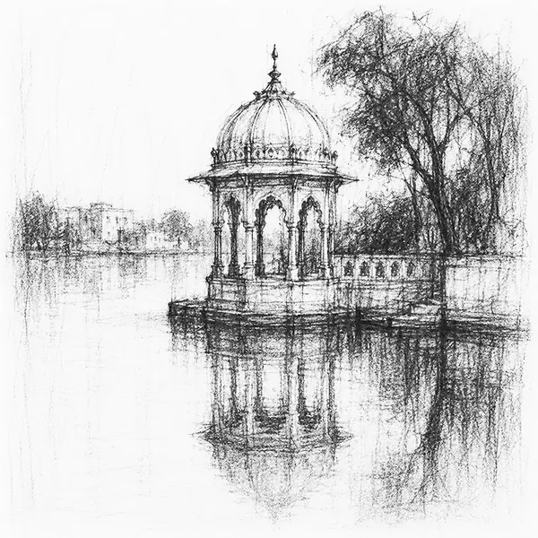 Charcoal sketch of a domed marble pavilion reflected in still water