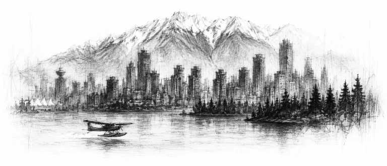 Charcoal sketch of a glass-tower skyline on the water with snow mountains rising right behind it, a seaplane low over the harbour - never been abroad