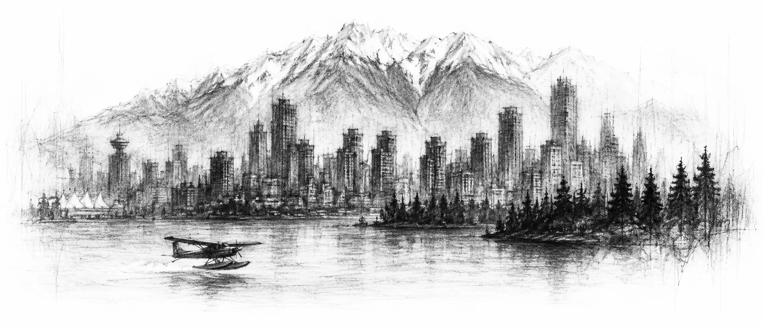 Charcoal sketch of a glass-tower skyline on the water with snow mountains rising right behind it, a seaplane low over the harbour - never been abroad