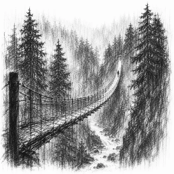 Charcoal sketch of a long footbridge swaying in a forest gorge