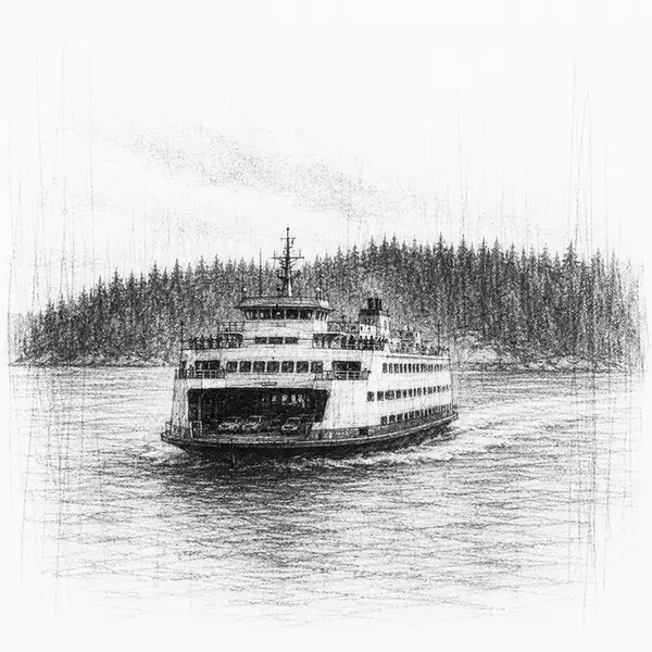 Charcoal sketch of a big car ferry crossing toward forested Vancouver Island