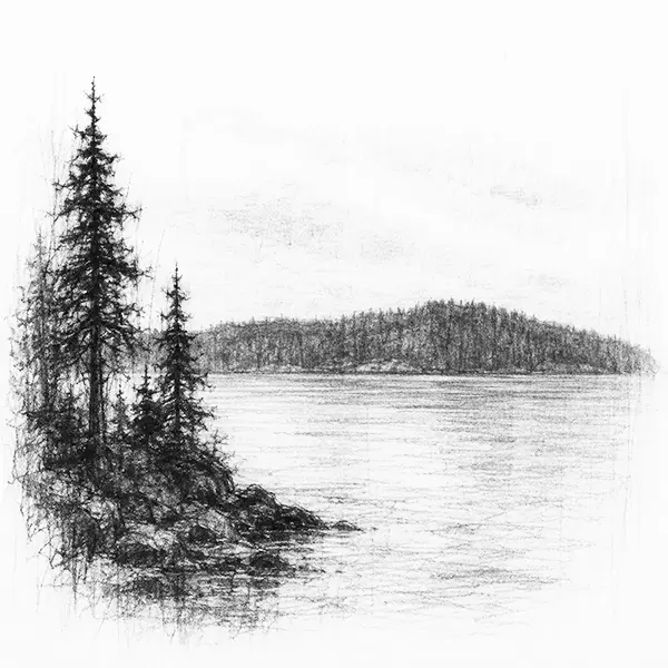 Charcoal sketch of Vancouver Island as a long low forested landmass seen across the water from the mainland shore