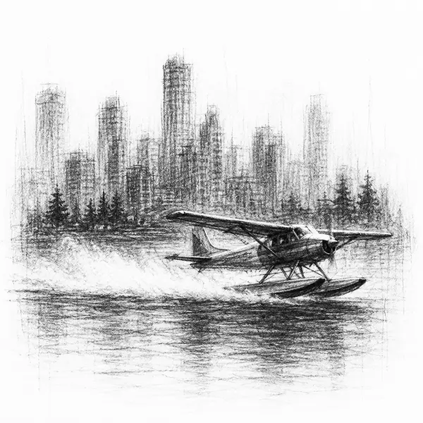 Charcoal sketch of the Vancouver seaplane lifting off the harbour water