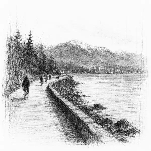 Charcoal sketch of the seawall path running along the water