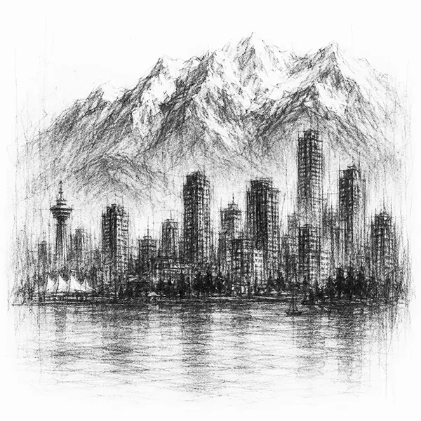 Charcoal sketch of Vancouver glass towers under snow peaks across the harbour