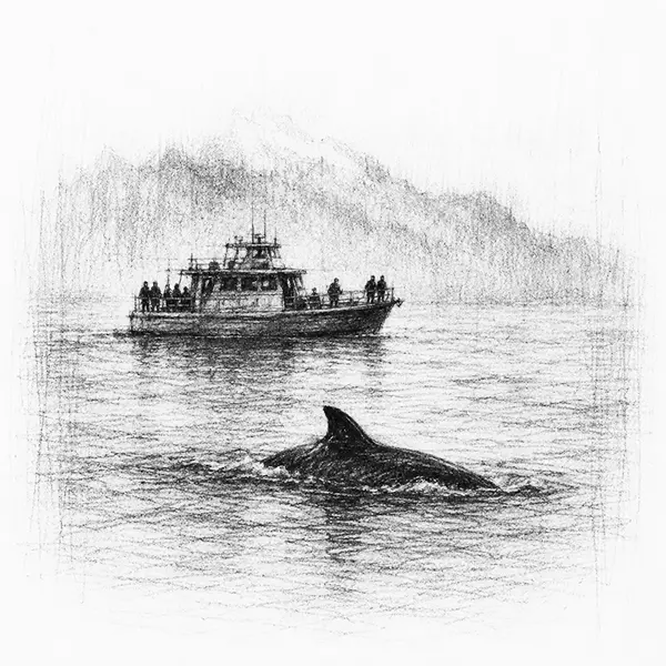 Charcoal sketch of a whale-watching boat with a fin breaking the surface